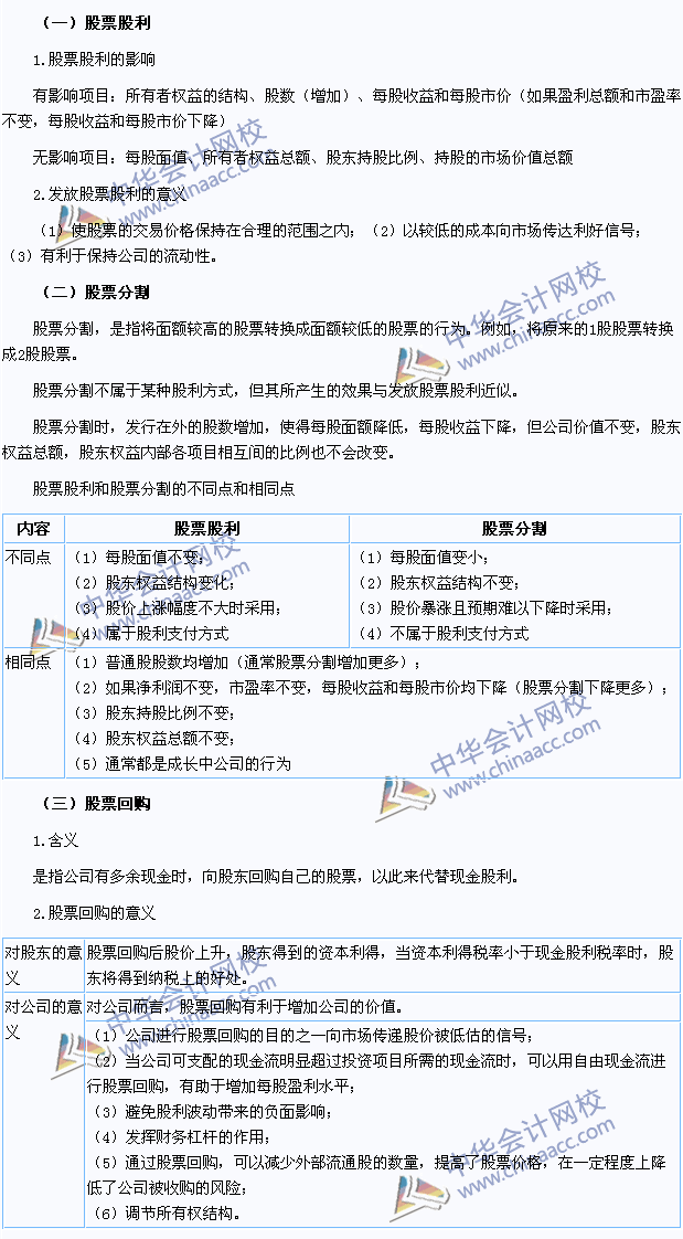 2015注会财管高频考点：股票股利、股票分割与股票回购