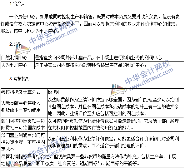 2016年注会考试《财管》高频考点：利润中心的业绩评价